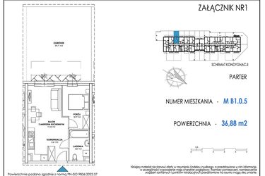 Rzut - Mieszkanie na sprzedaż 2 pokoje o powierzchni 36,88 m² - numer B1.0.5 w Apartamenty Nowe Miasto