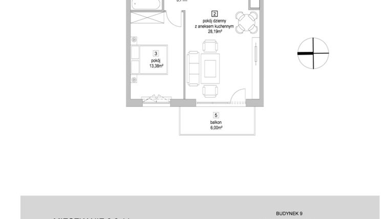 Rzut - Mieszkanie na sprzedaż 2 pokoje o powierzchni 49,34 m² - numer 9.3.11 w Osiedle Przyjemne IV