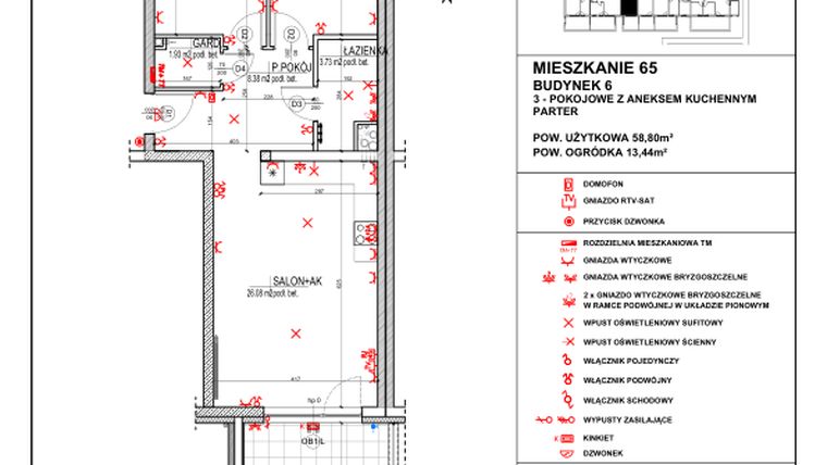 Rzut - Mieszkanie na sprzedaż 3 pokoje o powierzchni 58,8 m² - numer 6.65 w Osiedle 4 Pory Roku - Etap VII