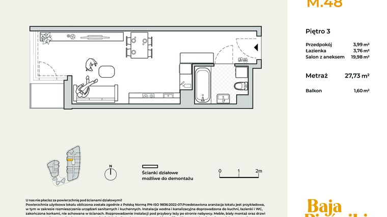 Rzut - Mieszkanie na sprzedaż 1 pokój o powierzchni 27,73 m² - numer M48 w Baja Piaśniki