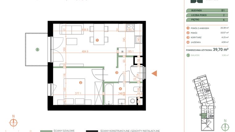 Rzut - Mieszkanie na sprzedaż 2 pokoje o powierzchni 39,7 m² - numer M.06.05 w Casa Feliz Portowa II