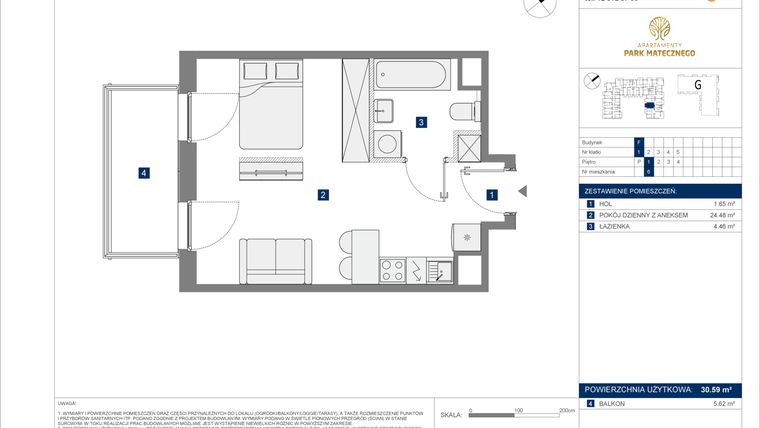 Rzut - Mieszkanie na sprzedaż 1 pokój o powierzchni 30,59 m² - numer F-6 w Apartamenty Park Matecznego Etap 2