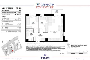 Rzut - Mieszkanie na sprzedaż 3 pokoje o powierzchni 54,53 m² - numer C2.16 w Osiedle Kociewskie etap III