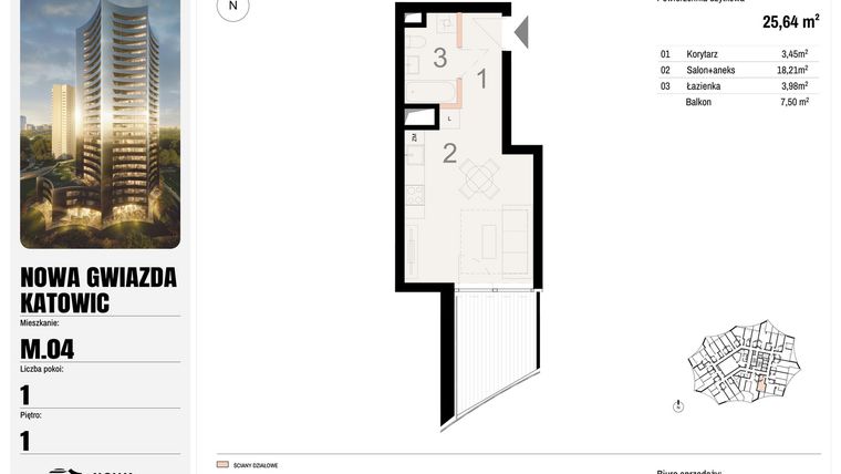 Rzut - Mieszkanie na sprzedaż 1 pokój o powierzchni 25,64 m² - numer M.04 w Nowa Gwiazda
