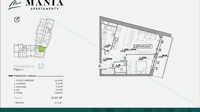 Rzut - Mieszkanie na sprzedaż 2 pokoje o powierzchni 51,91 m² - numer 12 w MANIA Apartamenty