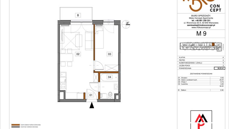 Rzut - Mieszkanie na sprzedaż 2 pokoje o powierzchni 36,33 m² - numer 9 w Moko Concept Apartments