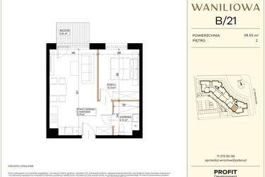 Rzut - Mieszkanie na sprzedaż 2 pokoje o powierzchni 38,55 m² - numer WA2/B/21 w Waniliowa