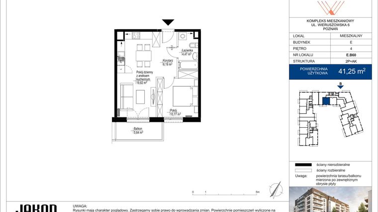 Rzut - Mieszkanie na sprzedaż 2 pokoje o powierzchni 41,25 m² - numer E.B60 w Wieruszowska E