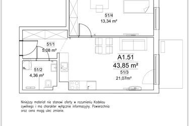 Rzut - Mieszkanie na sprzedaż 2 pokoje o powierzchni 43,85 m² - numer A1.51 w FORTnatura