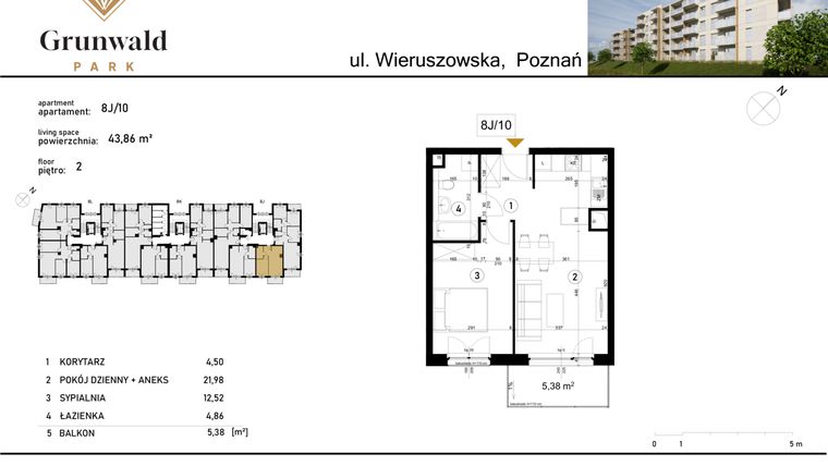 Rzut - Mieszkanie na sprzedaż 2 pokoje o powierzchni 43,86 m² - numer 8 J/10 w Grunwald Park