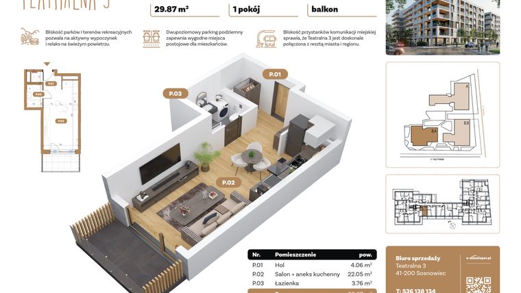Rzut - Mieszkanie na sprzedaż 1 pokój o powierzchni 29,87 m² - numer B1.A.06 w Teatralna 3