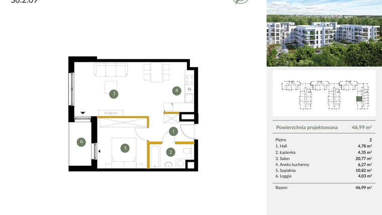 Rzut - Mieszkanie na sprzedaż 2 pokoje o powierzchni 46,99 m² - numer S6.2.09 w Ogrody Julianów