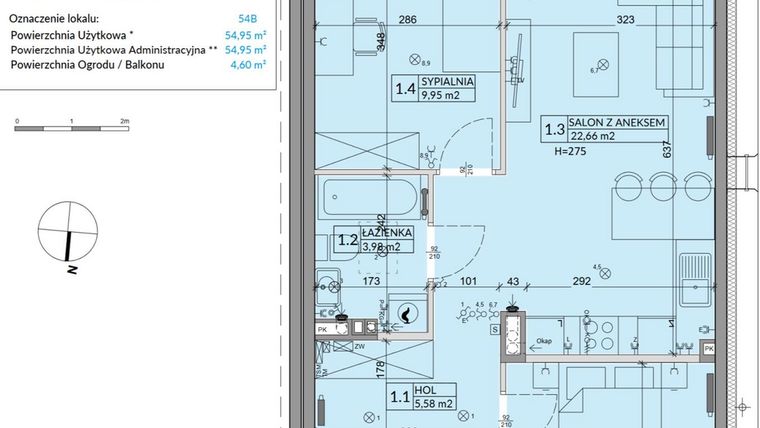Rzut - Mieszkanie na sprzedaż 3 pokoje o powierzchni 54,95 m² - numer 54B w Osiedle Młodych etap VIII