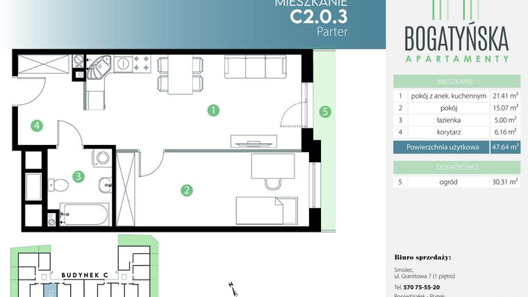Rzut - Mieszkanie na sprzedaż 2 pokoje o powierzchni 47,64 m² - numer C2.0.3 w Bogatyńska Apartamenty etap 3