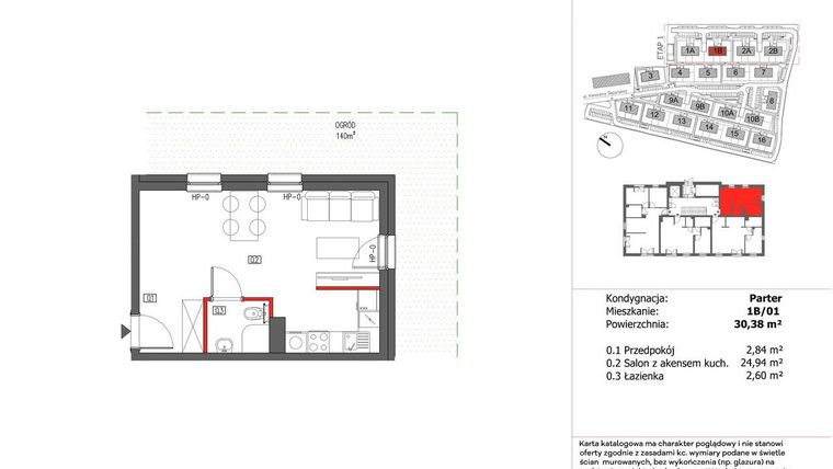 Rzut - Mieszkanie na sprzedaż 1 pokój o powierzchni 30,38 m² - numer 1B/01 w Panorama Ślężańska