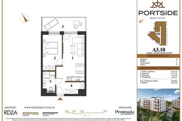 Rzut - Mieszkanie na sprzedaż 2 pokoje o powierzchni 39,48 m² - numer A3.10 w Portside Bałtycka