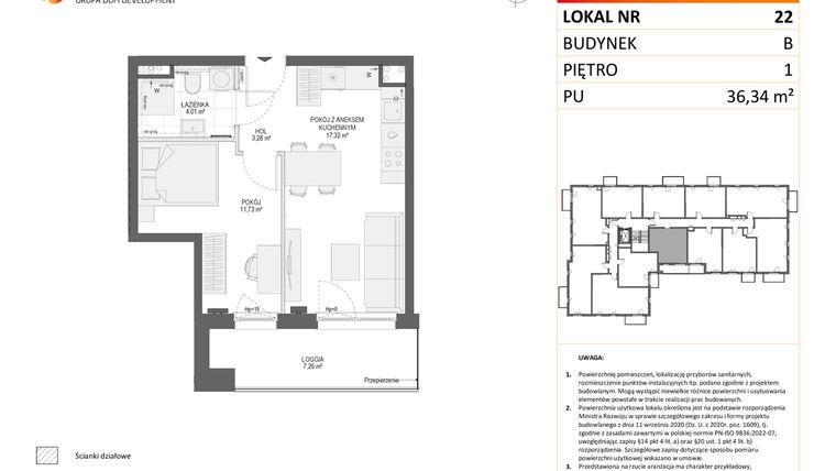 Rzut - Mieszkanie na sprzedaż 2 pokoje o powierzchni 36,34 m² - numer B22 w Osiedle Orzechowa