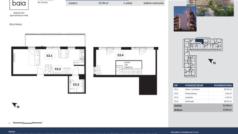 Rzut - Mieszkanie na sprzedaż 1 pokój o powierzchni 57,6 m² - numer M53 w Apartamenty Casa Baia