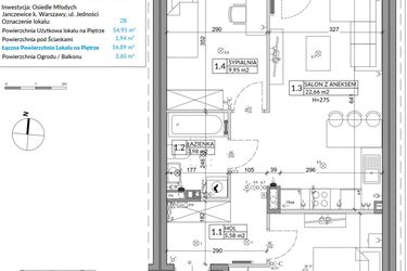 Rzut - Mieszkanie na sprzedaż 3 pokoje o powierzchni 56,89 m² - numer 2B w Osiedle Młodych