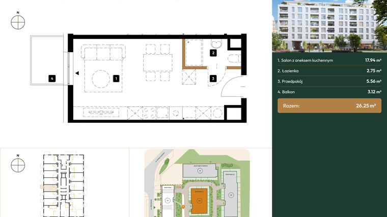 Rzut - Mieszkanie na sprzedaż 1 pokój o powierzchni 26,25 m² - numer B2.1.05 w Wierzbowa 20