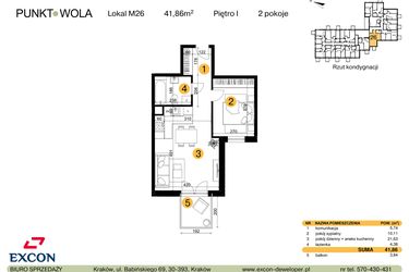 Rzut - Mieszkanie na sprzedaż 2 pokoje o powierzchni 41,86 m² - numer M26 w Punkt Wola