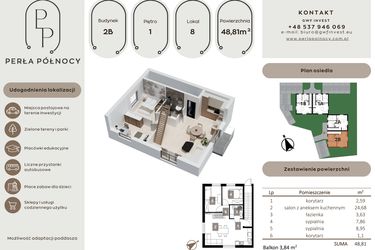 Rzut - Mieszkanie na sprzedaż 3 pokoje o powierzchni 48,81 m² - numer 8 w Perła Północy etap 1