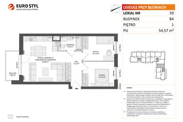 Rzut - Mieszkanie na sprzedaż 3 pokoje o powierzchni 54,57 m² - numer B4.59 w Osiedle Przy Błoniach 3 etap III