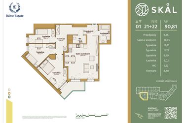 Rzut - Mieszkanie na sprzedaż 1 pokój o powierzchni 90,81 m² - numer M.21+22 w Skal