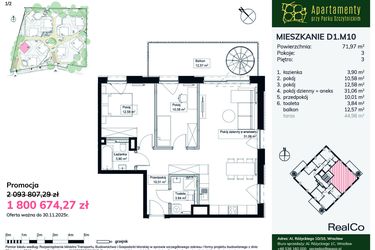 Rzut - Mieszkanie na sprzedaż 3 pokoje o powierzchni 71,97 m² - numer D1.M10 w Apartamenty przy Parku Szczytnickim