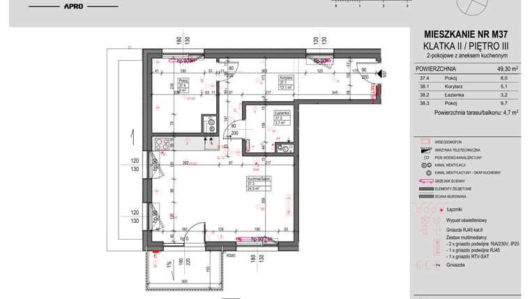 Rzut - Mieszkanie na sprzedaż 2 pokoje o powierzchni 49,3 m² - numer 37 w Antczaka 46