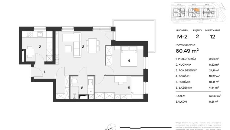 Rzut - Mieszkanie na sprzedaż 3 pokoje o powierzchni 60,49 m² - numer M2.12 w Nowy Standard