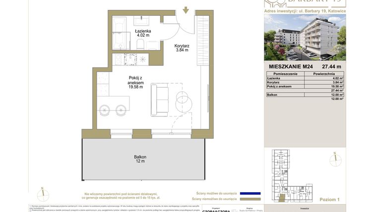 Rzut - Mieszkanie na sprzedaż 1 pokój o powierzchni 27,44 m² - numer M24 w Barbary 19