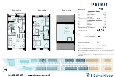Rzut - Mieszkanie na sprzedaż 3 pokoje o powierzchni 64,55 m² - numer 4B1 w Osiedle Primo
