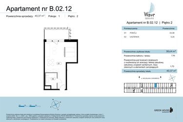 Rzut - Mieszkanie na sprzedaż 1 pokój o powierzchni 40,37 m² - numer B.02.12 w Wave Świnoujście Thermal & Spa