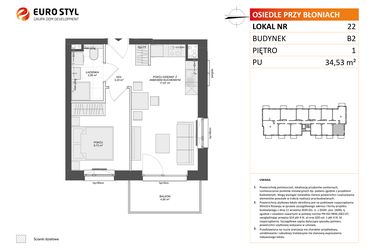 Rzut - Mieszkanie na sprzedaż 2 pokoje o powierzchni 34,53 m² - numer B2.22 w Osiedle Przy Błoniach 3 etap III