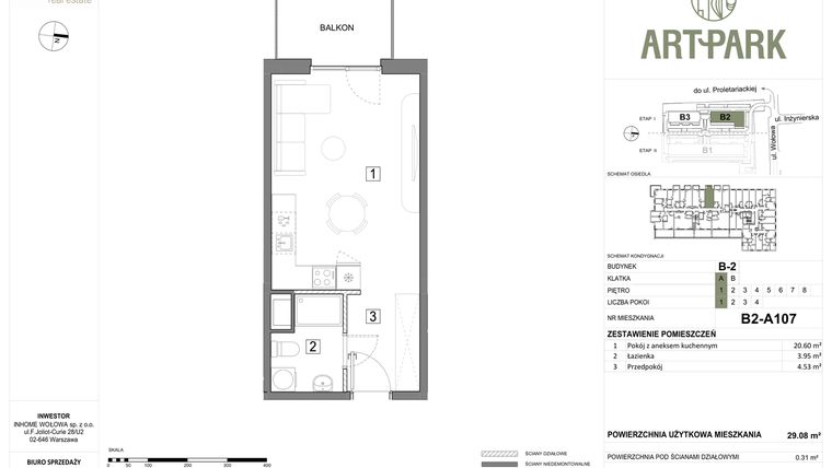 Rzut - Mieszkanie na sprzedaż 1 pokój o powierzchni 29,41 m² - numer B.2.A107 w ArtPark