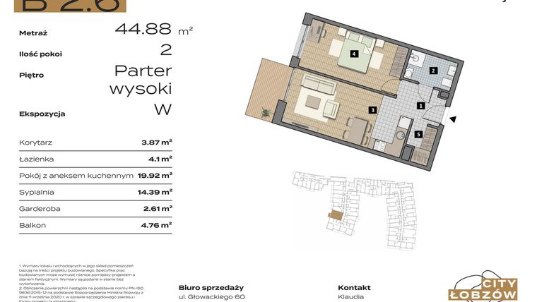 Rzut - Mieszkanie na sprzedaż 2 pokoje o powierzchni 44,88 m² - numer B 2.6 w City Łobzów
