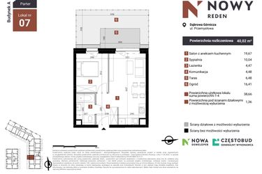 Rzut - Mieszkanie na sprzedaż 2 pokoje o powierzchni 40,02 m² - numer A7 w Nowy Reden