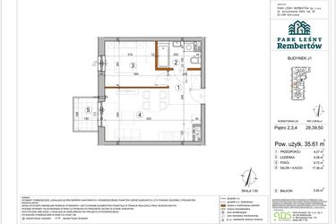 Rzut - Mieszkanie na sprzedaż 2 pokoje o powierzchni 35,61 m² - numer J1-50 w Park Leśny Rembertów etap VIII