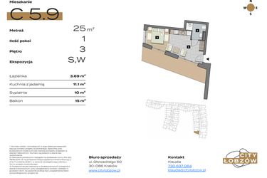 Rzut - Mieszkanie na sprzedaż 1 pokój o powierzchni 25,01 m² - numer C 5.9 w City Łobzów