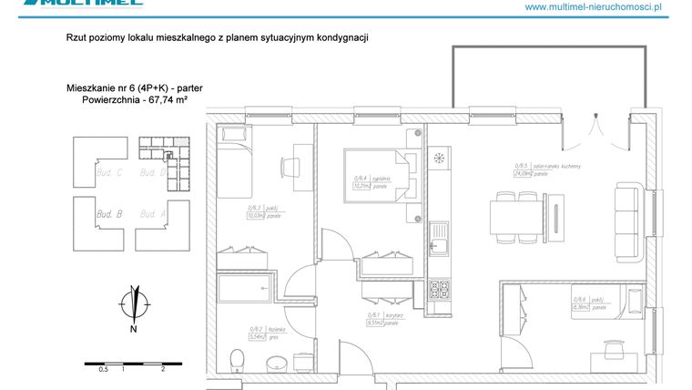 Rzut - Mieszkanie na sprzedaż 4 pokoje o powierzchni 67,74 m² - numer 6D w Dominów Rynek