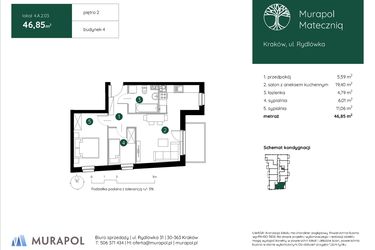 Rzut - Mieszkanie na sprzedaż 3 pokoje o powierzchni 46,85 m² - numer 4.A.2.03 w Murapol Mateczniq bud. 4