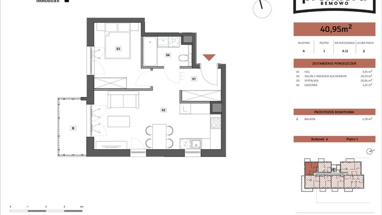 Rzut - Mieszkanie na sprzedaż 2 pokoje o powierzchni 40,95 m² - numer A.11 w Premiera Bemowo
