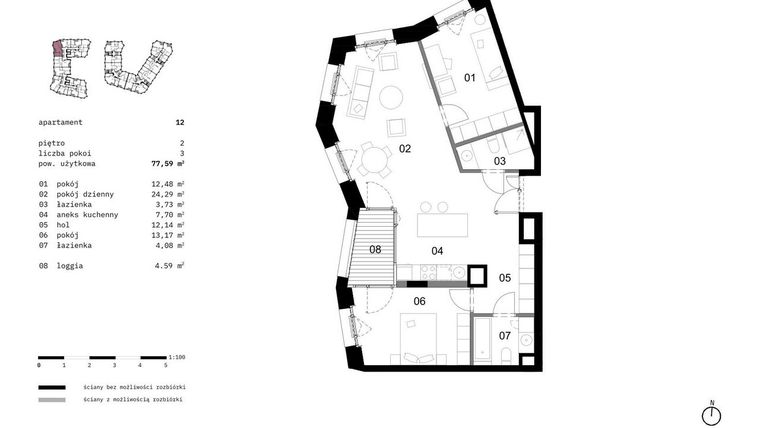 Rzut - Mieszkanie na sprzedaż 3 pokoje o powierzchni 77,59 m² - numer 12 w Solna 6