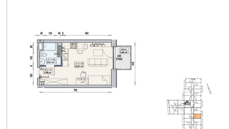 Rzut - Mieszkanie na sprzedaż 1 pokój o powierzchni 27,66 m² - numer 1/2/11/1a w Gwarna