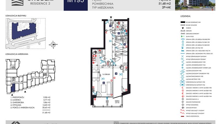 Rzut - Mieszkanie na sprzedaż 2 pokoje o powierzchni 51,68 m² - numer M195 w Chodźki Residence 2