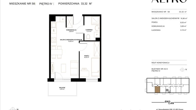 Rzut - Mieszkanie na sprzedaż 2 pokoje o powierzchni 33,32 m² - numer A2.2/58 w Altro A2/2