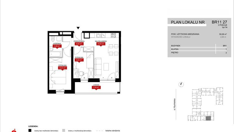 Rzut - Mieszkanie na sprzedaż 3 pokoje o powierzchni 50,04 m² - numer BR11/27 w Browary Wrocławskie 2