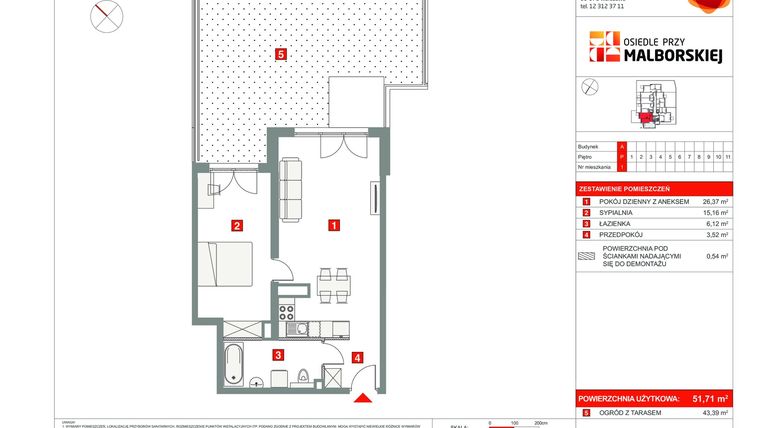 Rzut - Mieszkanie na sprzedaż 2 pokoje o powierzchni 51,71 m² - numer OPM_1_1_A_MK_1 w Osiedle przy Malborskiej