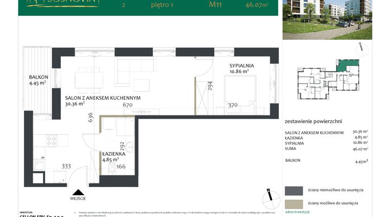 Rzut - Mieszkanie na sprzedaż 2 pokoje o powierzchni 46,07 m² - numer 2.M11 w Sosnovia